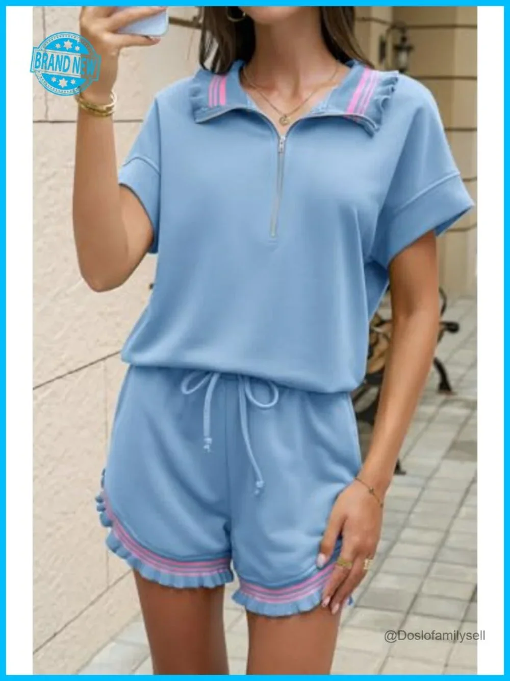 Women's 2 Piece Short Set Lounge Tracksuit Half Zip Ruffle Top Matching Set